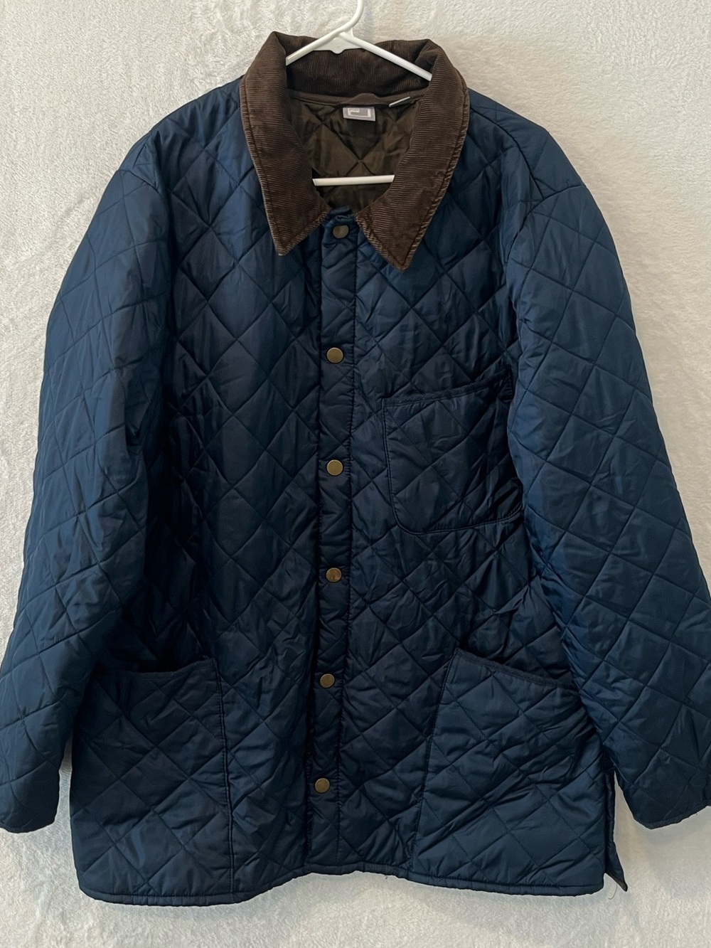 JCP XL Quilted Navy Blue Diamond Jacket Brown Corduroy Collar Snap Button
